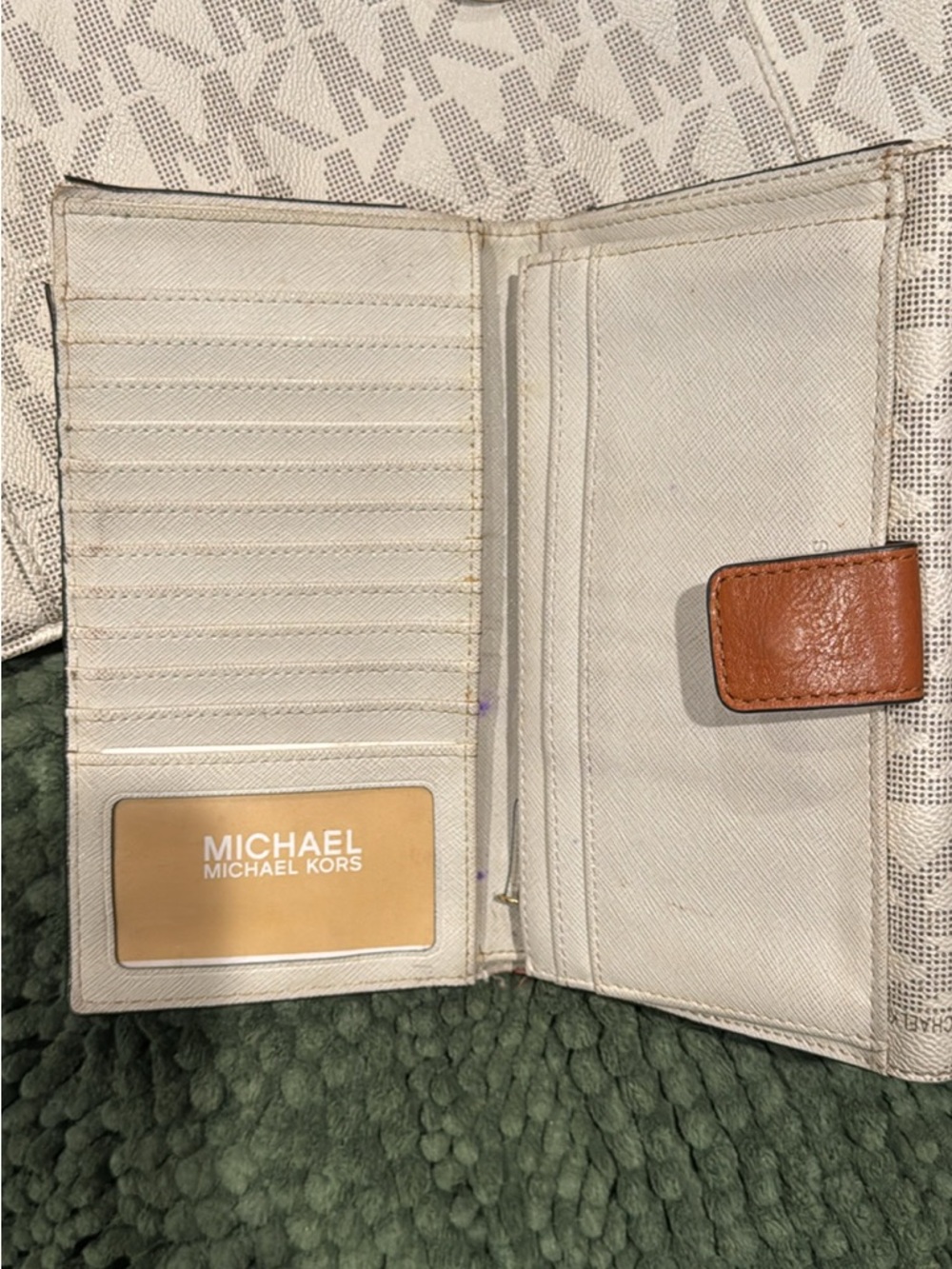 Michael Kors Cream MK Monogram Tote with Tan Trim and Gold Charm - Picture 3 of 6
